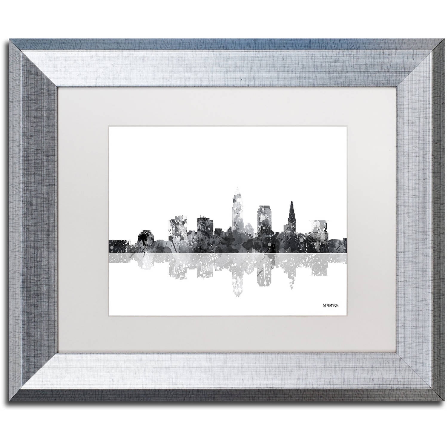 Trademark Fine Art "Cleveland Ohio Skyline BG-1" Canvas Art by Marlene Watson, White Matte, Silver Frame