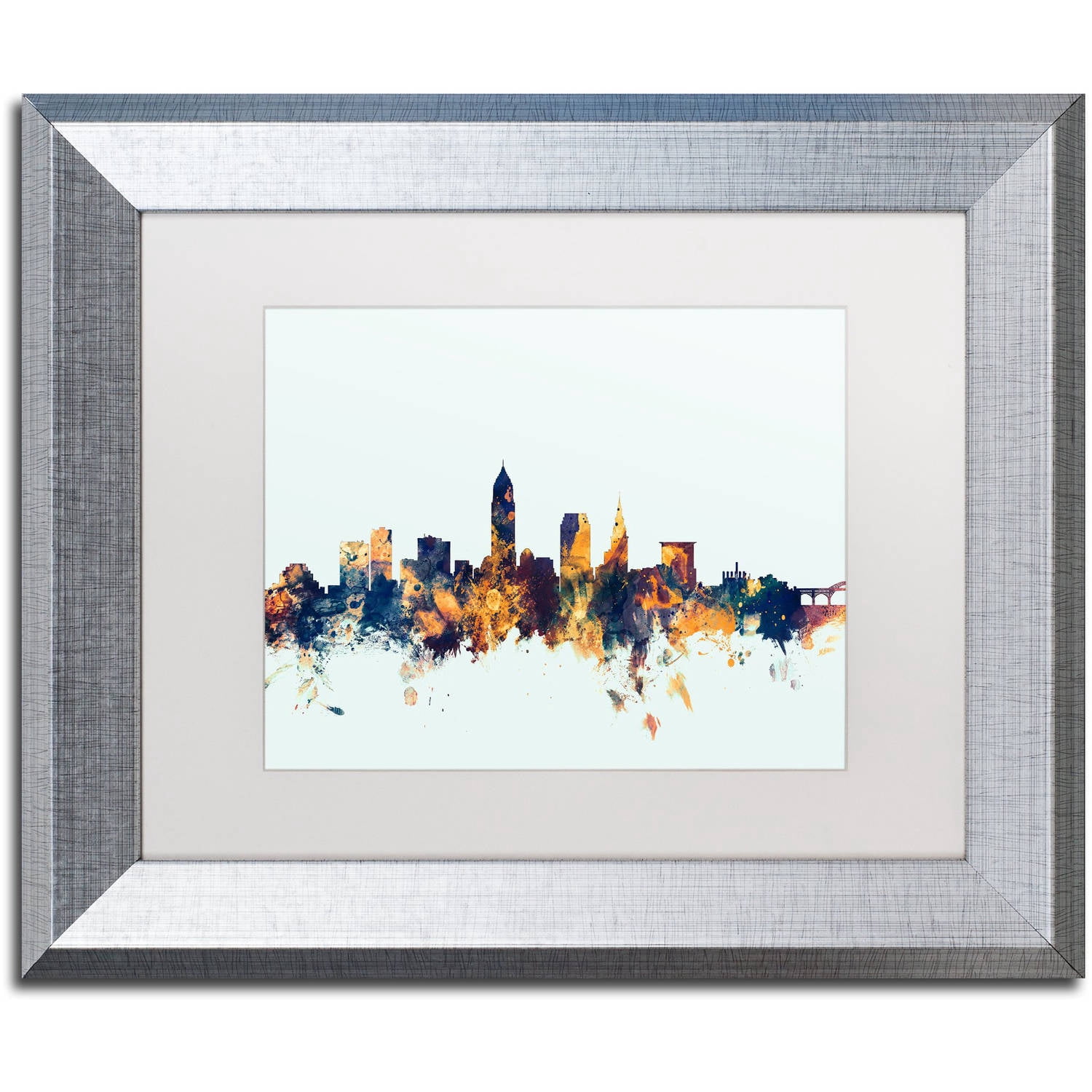 Trademark Fine Art "Cleveland Ohio Skyline Blue" Canvas Art by Michael Tompsett, White Matte, Silver Frame