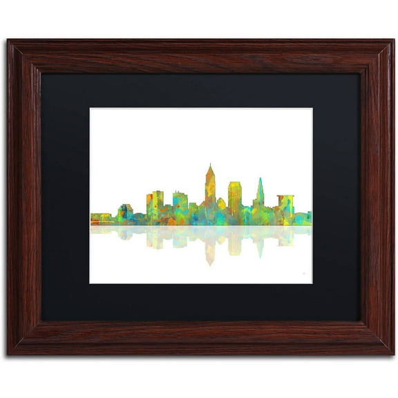 Trademark Fine Art "Cleveland Ohio Skyline" Canvas Art by Marlene Watson Black Matte, Wood Frame