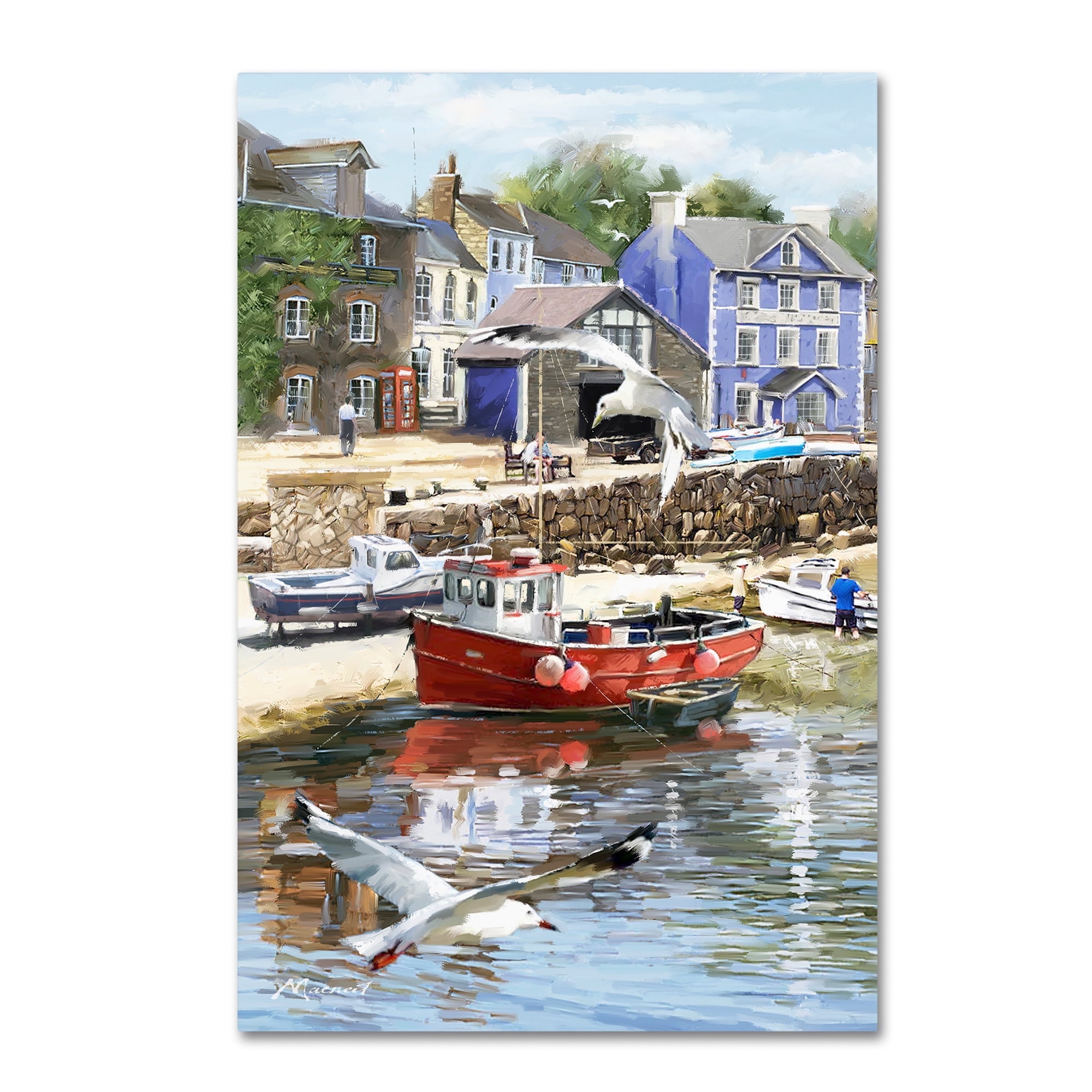 Coastal Town Seaside Landscape Canvas Art in Blue and Red