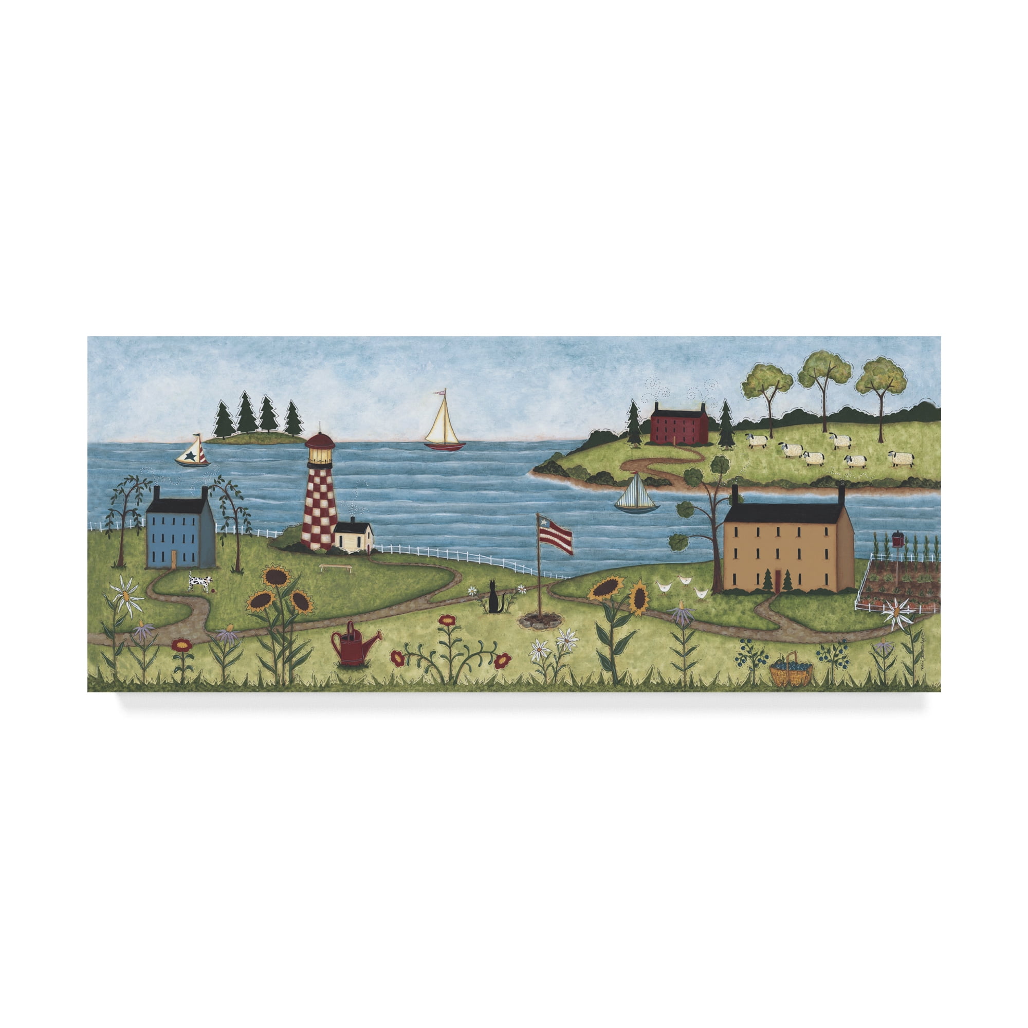 Coastal Landscape Canvas Art with Red Checkered Lighthouse