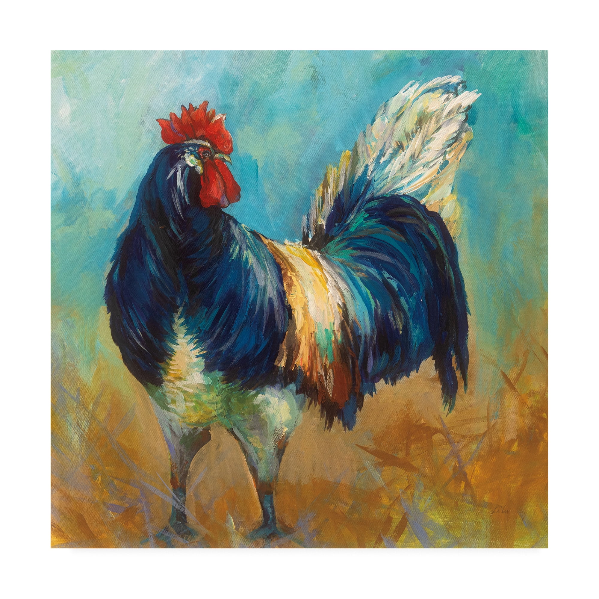 Colorful Turquoise and Brown Rooster Canvas Print, 18 x 18