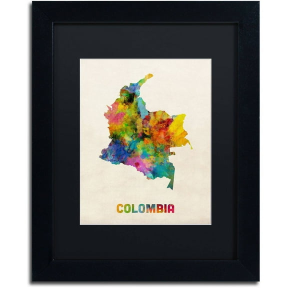 Trademark Fine Art 'Colombia Watercolor Map' Canvas Art by Michael Tompsett, Black Matte, Black Frame