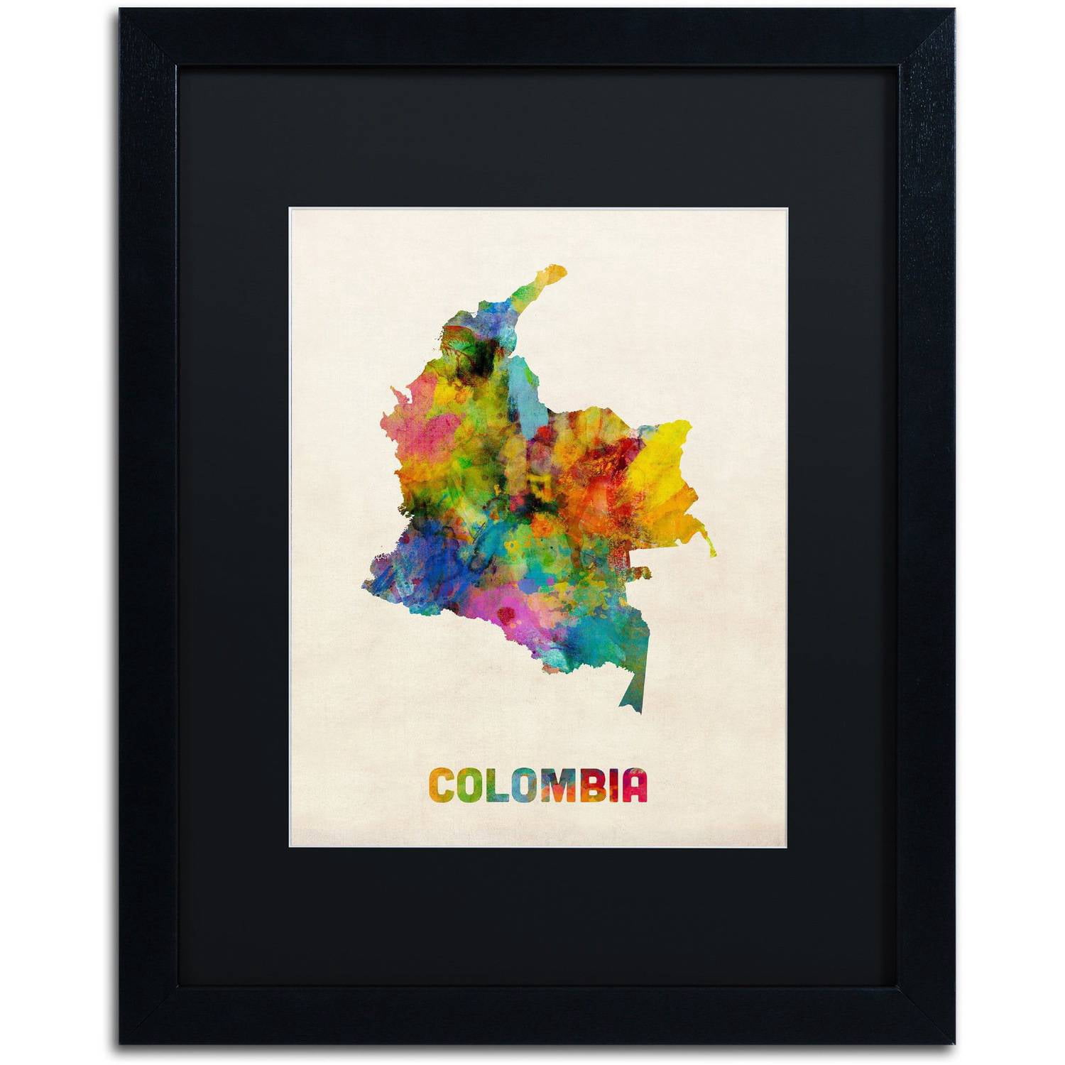 Trademark Fine Art 'Colombia Watercolor Map' Canvas Art by Michael Tompsett, Black Matte, Black Frame