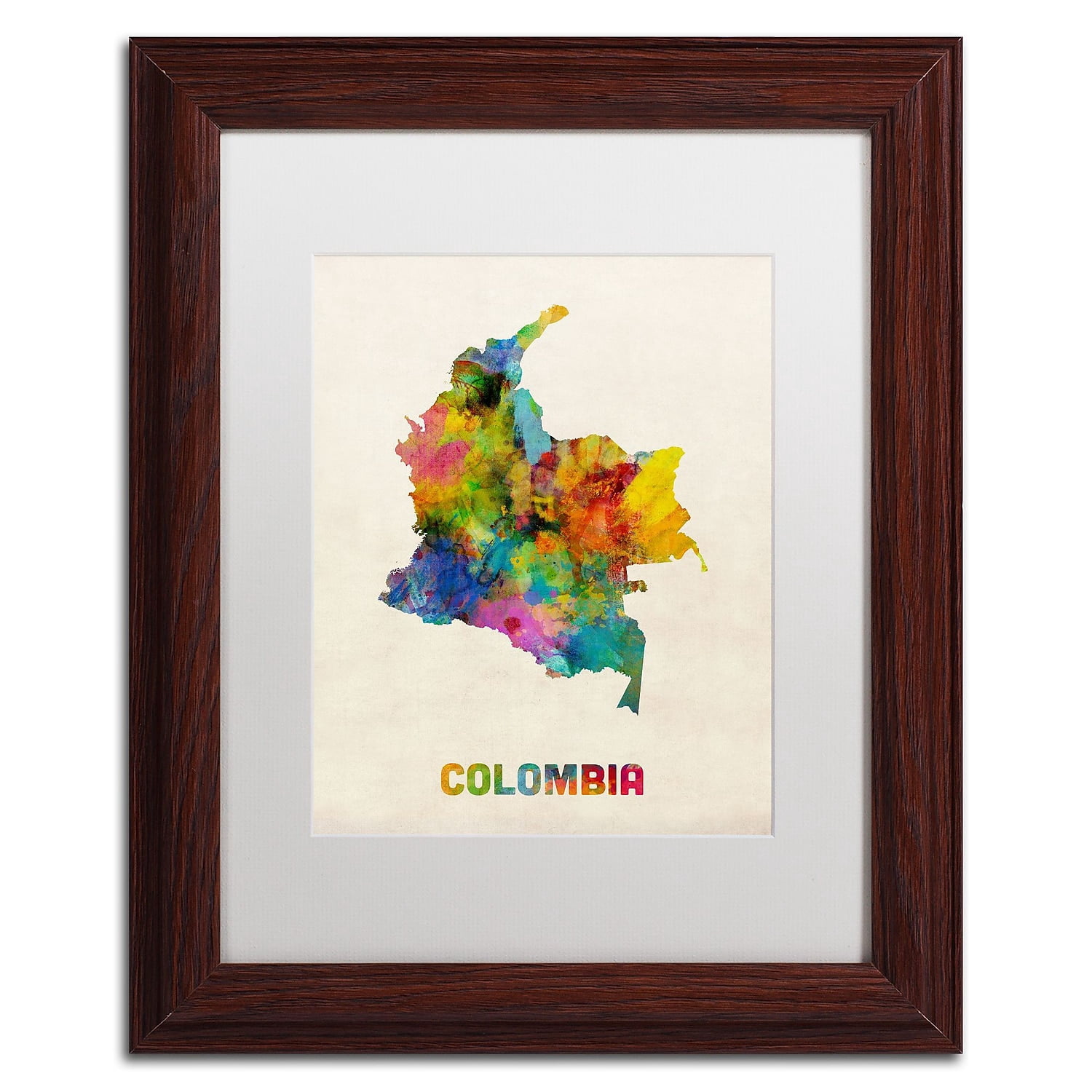 Trademark Fine Art 'Colombia Watercolor Map' Canvas Art by Michael Tompsett, White Matte, Wood Frame