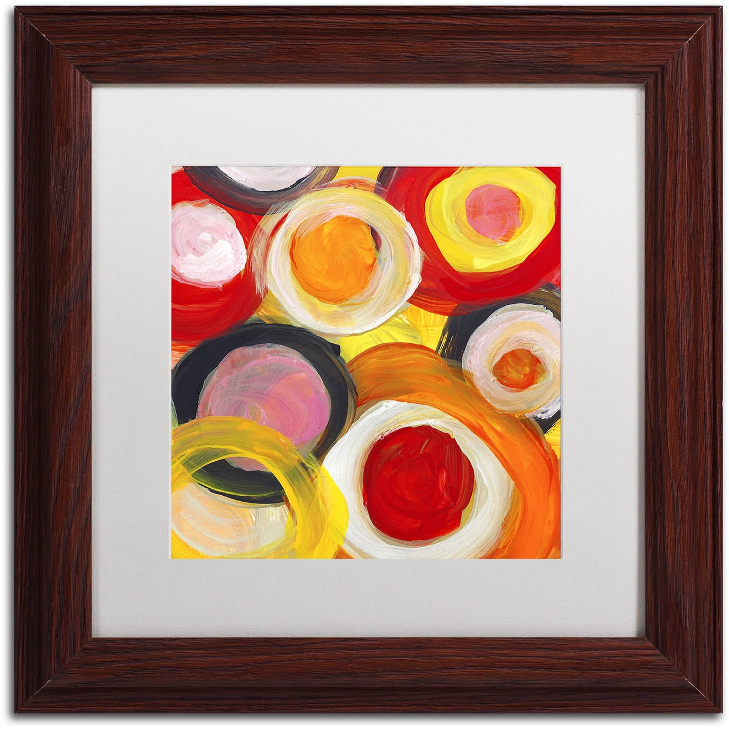 Colorful Abstract Circles Acrylic Painting in Brown Frame