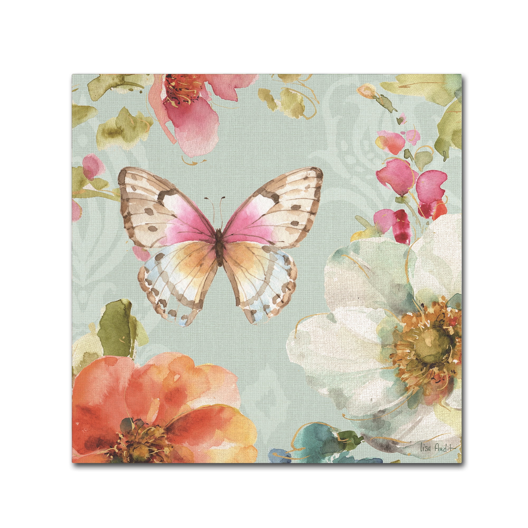 Colorful Breeze V Teal Canvas Art with Butterfly and Flowers