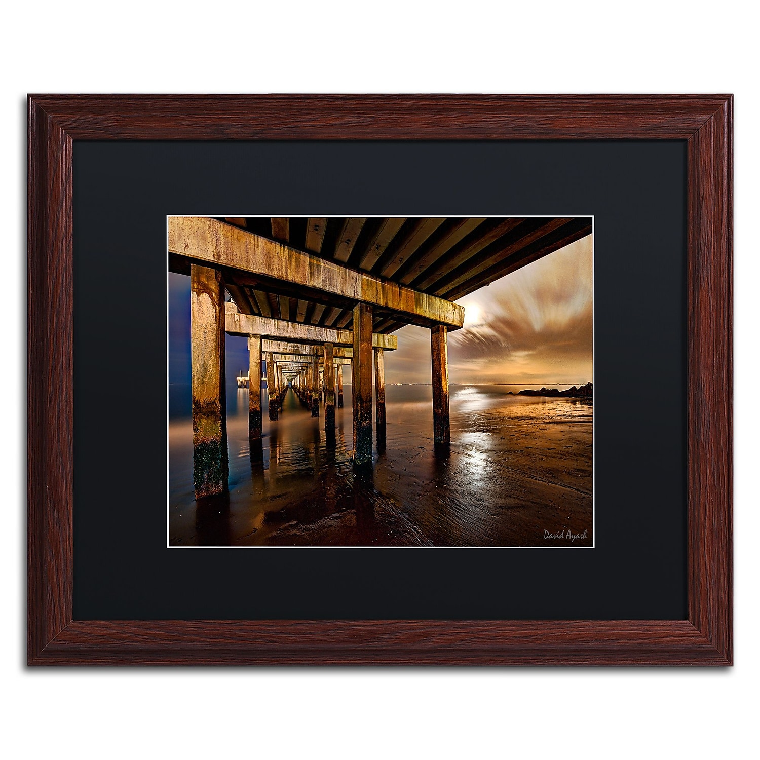 Trademark Fine Art "Coney Island Pier by Moonlight" Canvas Art by David Ayash Black Matte, Wood Frame