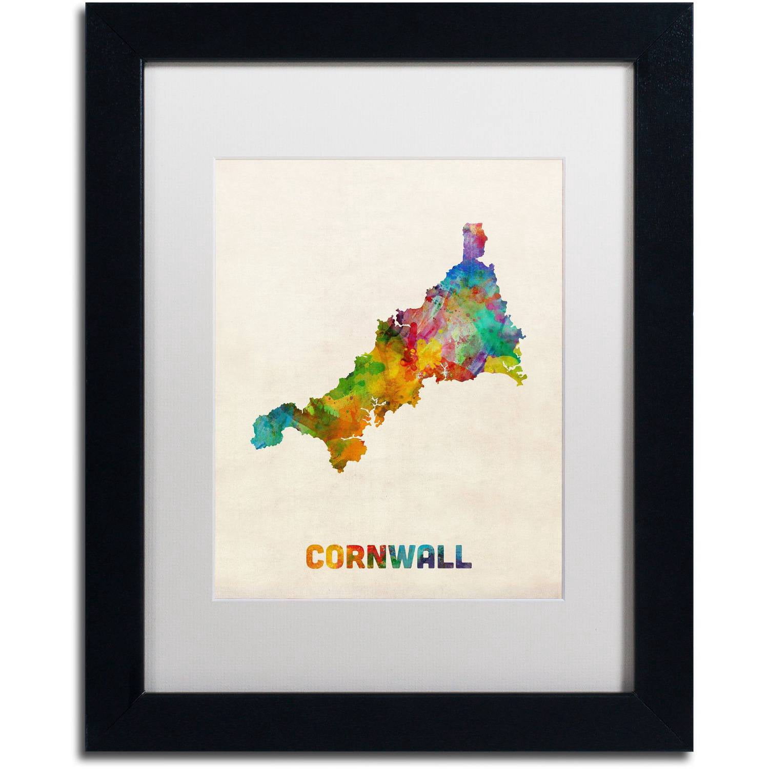 Trademark Fine Art 'Cornwall England Watercolor Map' Canvas Art by Michael Tompsett, White Matte, Black Frame