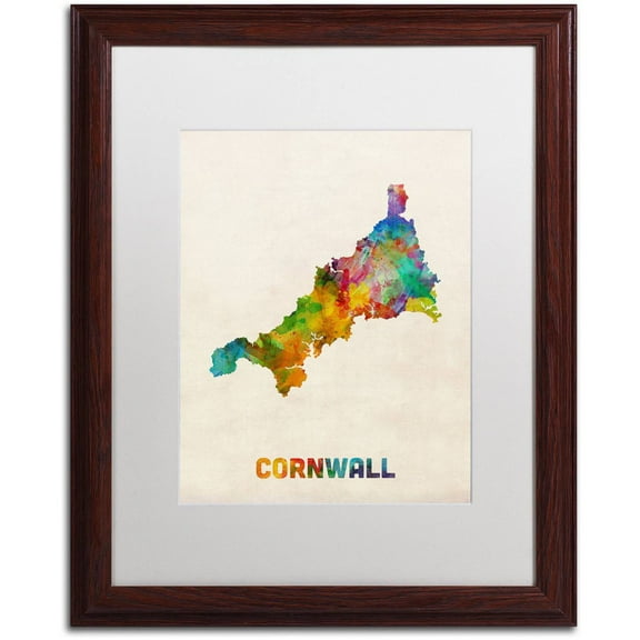 Trademark Fine Art 'Cornwall England Watercolor Map' Canvas Art by Michael Tompsett, White Matte, Wood Frame