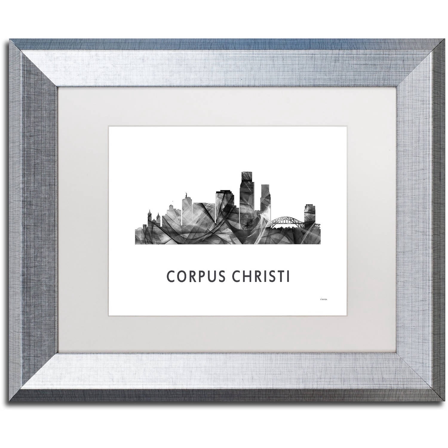 Trademark Fine Art 'Corpus Christi Texas Skyline WB-BW' Canvas Art by Marlene Watson, White Matte, Silver Frame