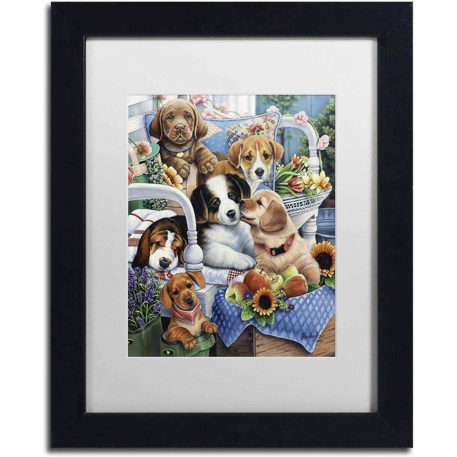Trademark Fine Art 'Country Pups' Canvas Art by Jenny Newland, White Matte, Black Frame