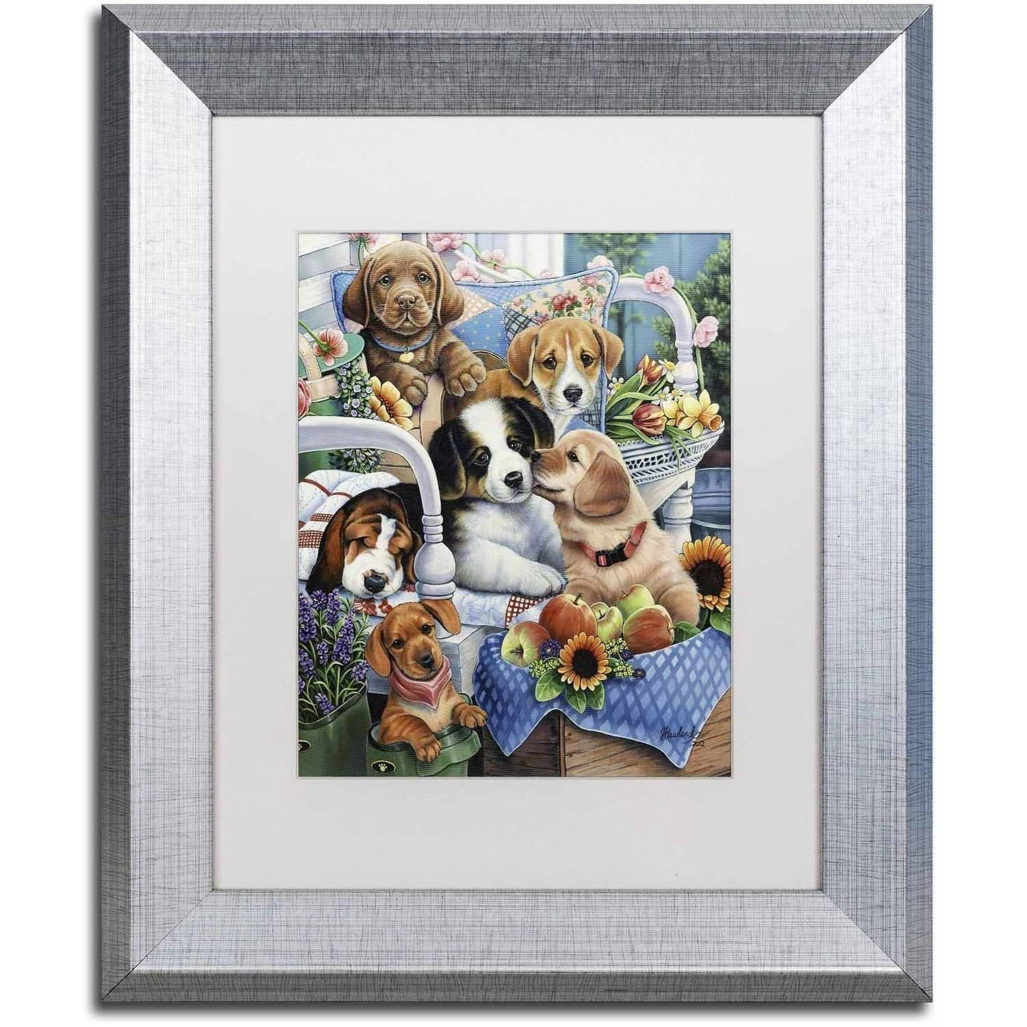 Trademark Fine Art 'Country Pups' Canvas Art by Jenny Newland, White Matte, Silver Frame