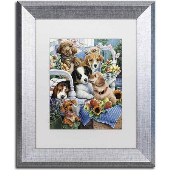 Trademark Fine Art 'Country Pups' Canvas Art by Jenny Newland, White Matte, Silver Frame