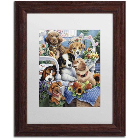 Trademark Fine Art 'Country Pups' Canvas Art by Jenny Newland, White Matte, Wood Frame