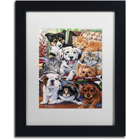 Trademark Fine Art 'Country Pups and Kittens II' Canvas Art by Jenny Newland, White Matte, Black Frame