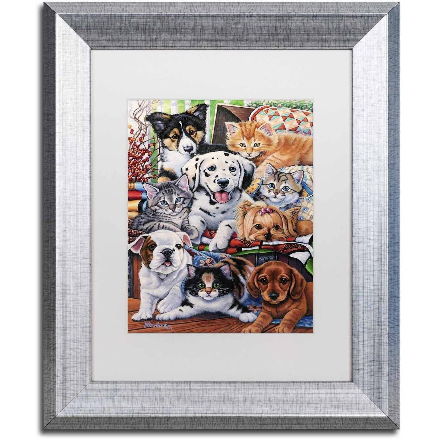 Trademark Fine Art 'Country Pups and Kittens II' Canvas Art by Jenny Newland, White Matte, Silver Frame
