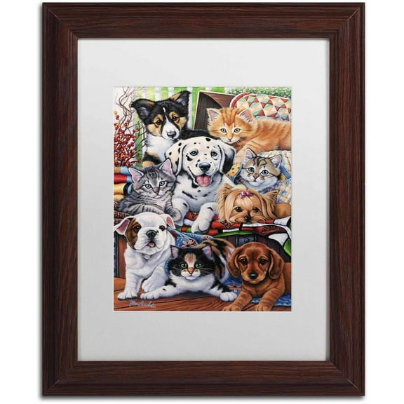 Trademark Fine Art 'Country Pups and Kittens II' Canvas Art by Jenny Newland, White Matte, Wood Frame