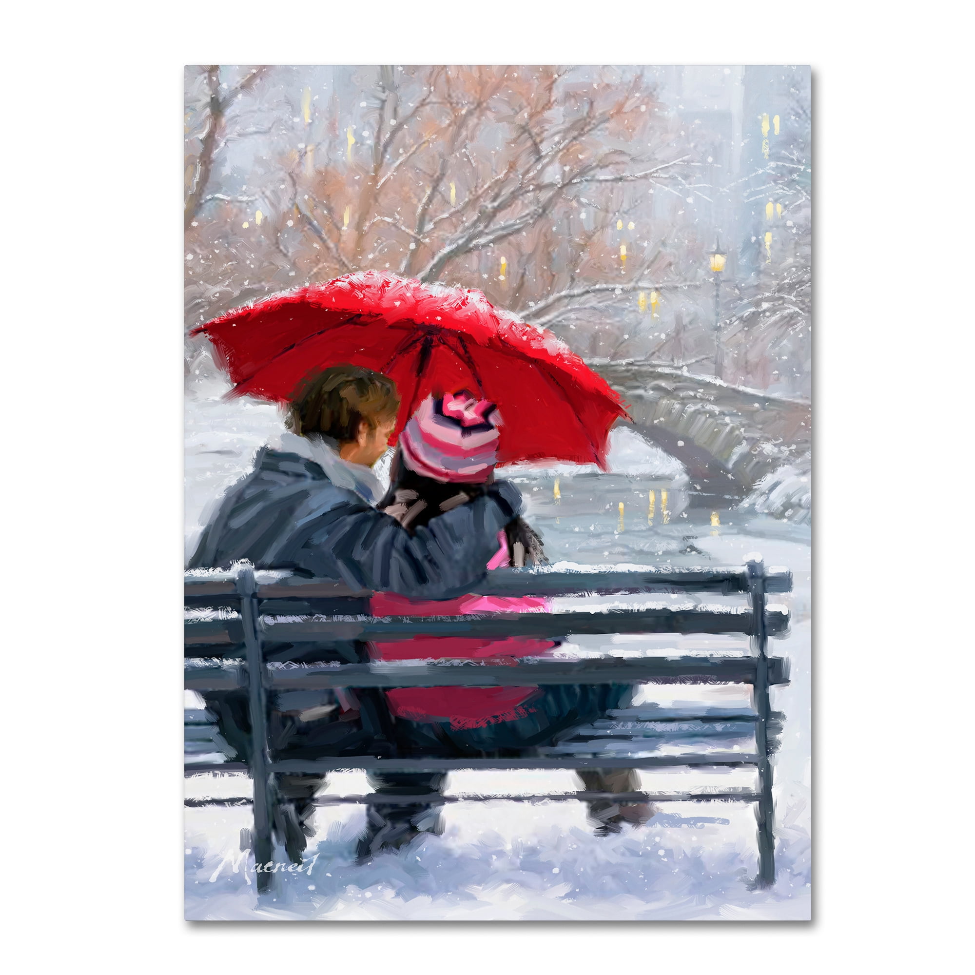 Couple on Bench in Snowy Park Canvas Art