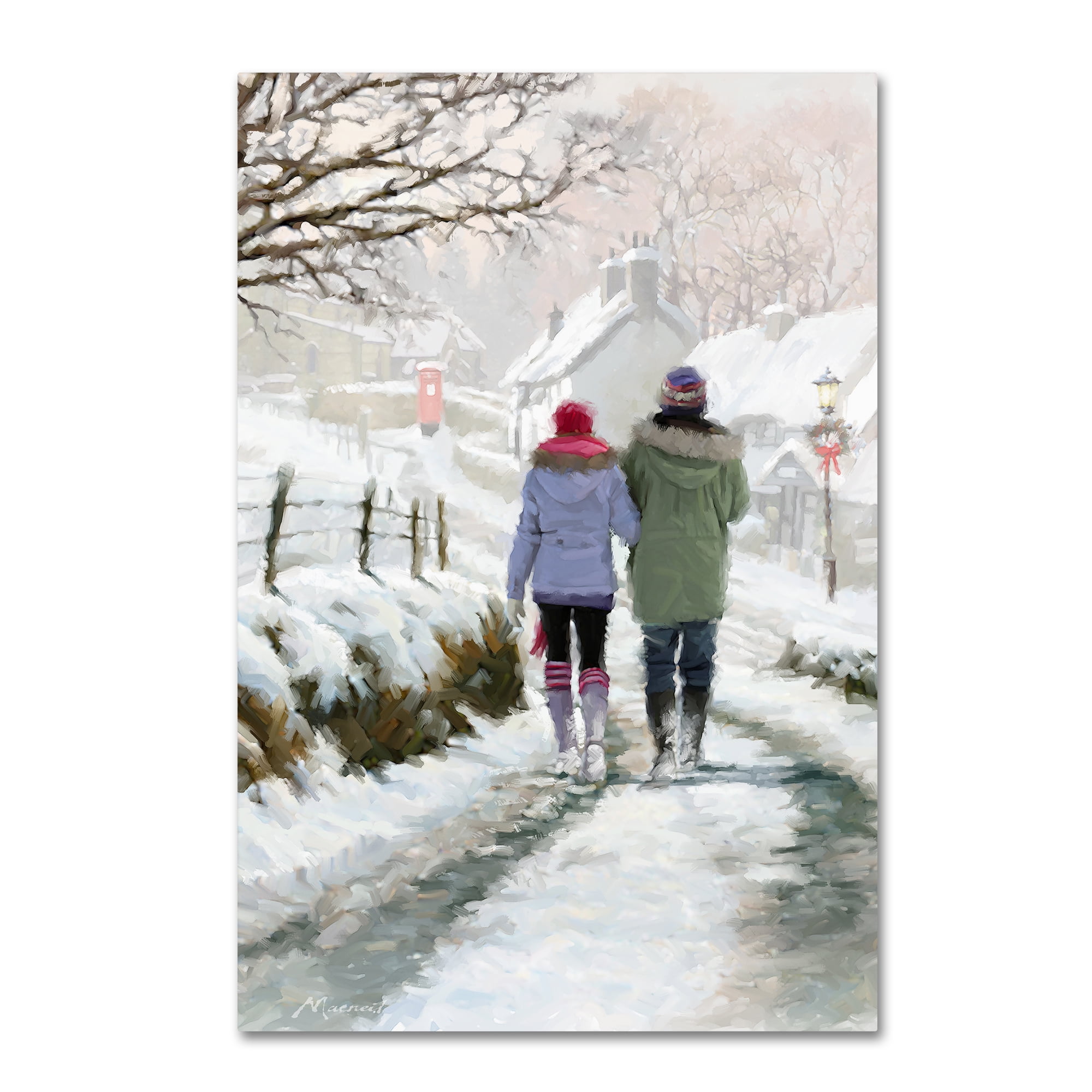 Couple in Snow Scenic Modern Gallery-Wrapped Canvas Art
