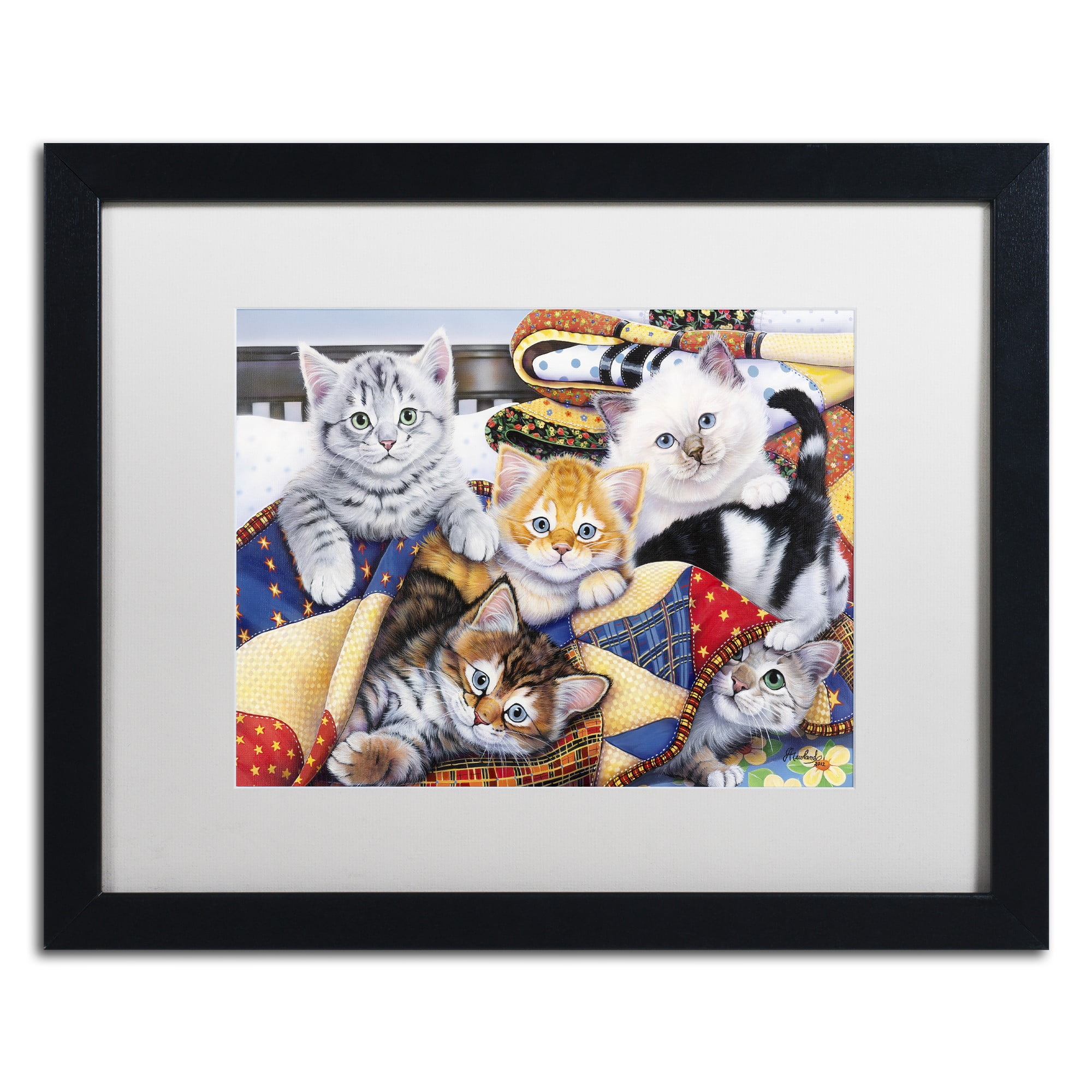 Trademark Fine Art 'Cozy Kittens' Canvas Art by Jenny Newland, White Matte, Black Frame
