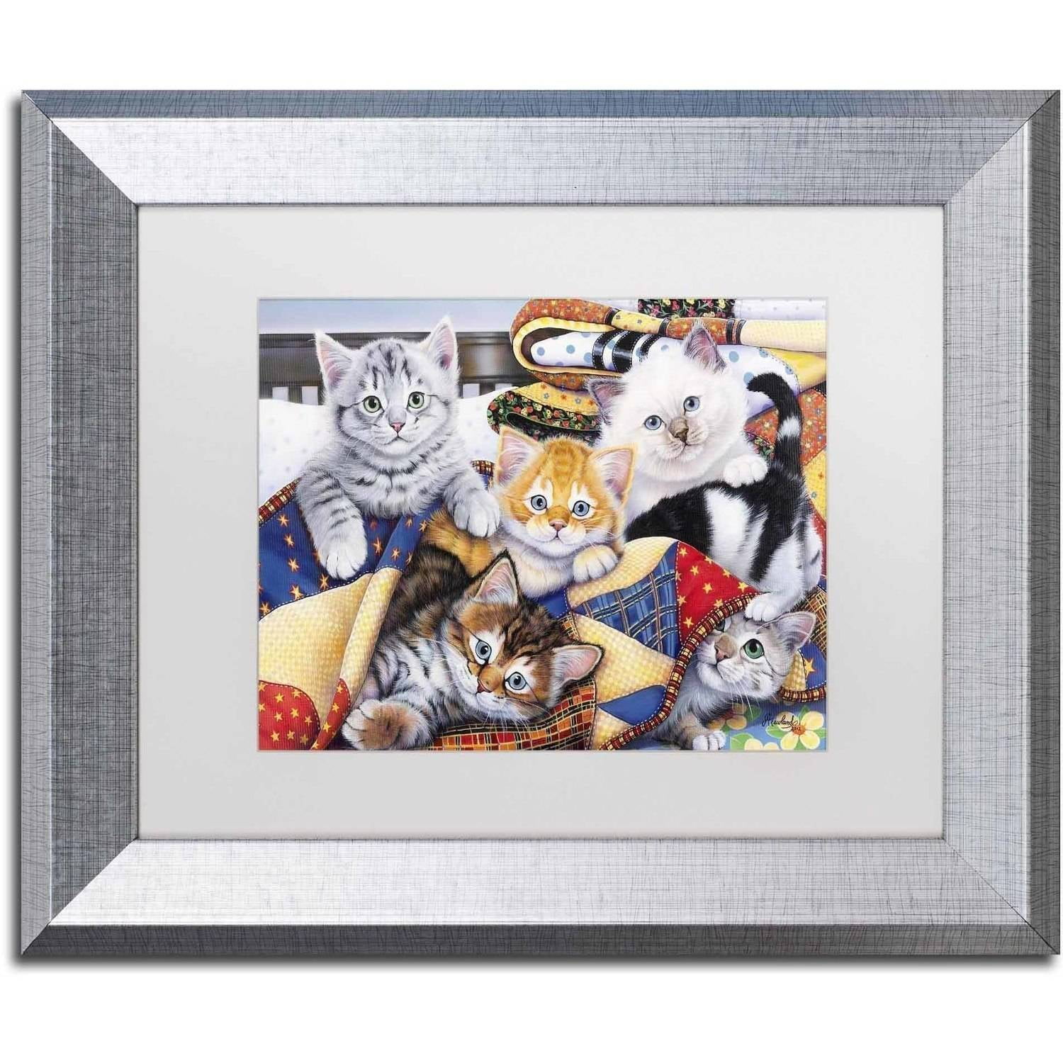Trademark Fine Art 'Cozy Kittens' Canvas Art by Jenny Newland, White Matte, Silver Frame