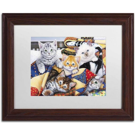 Trademark Fine Art 'Cozy Kittens' Canvas Art by Jenny Newland, White Matte, Wood Frame
