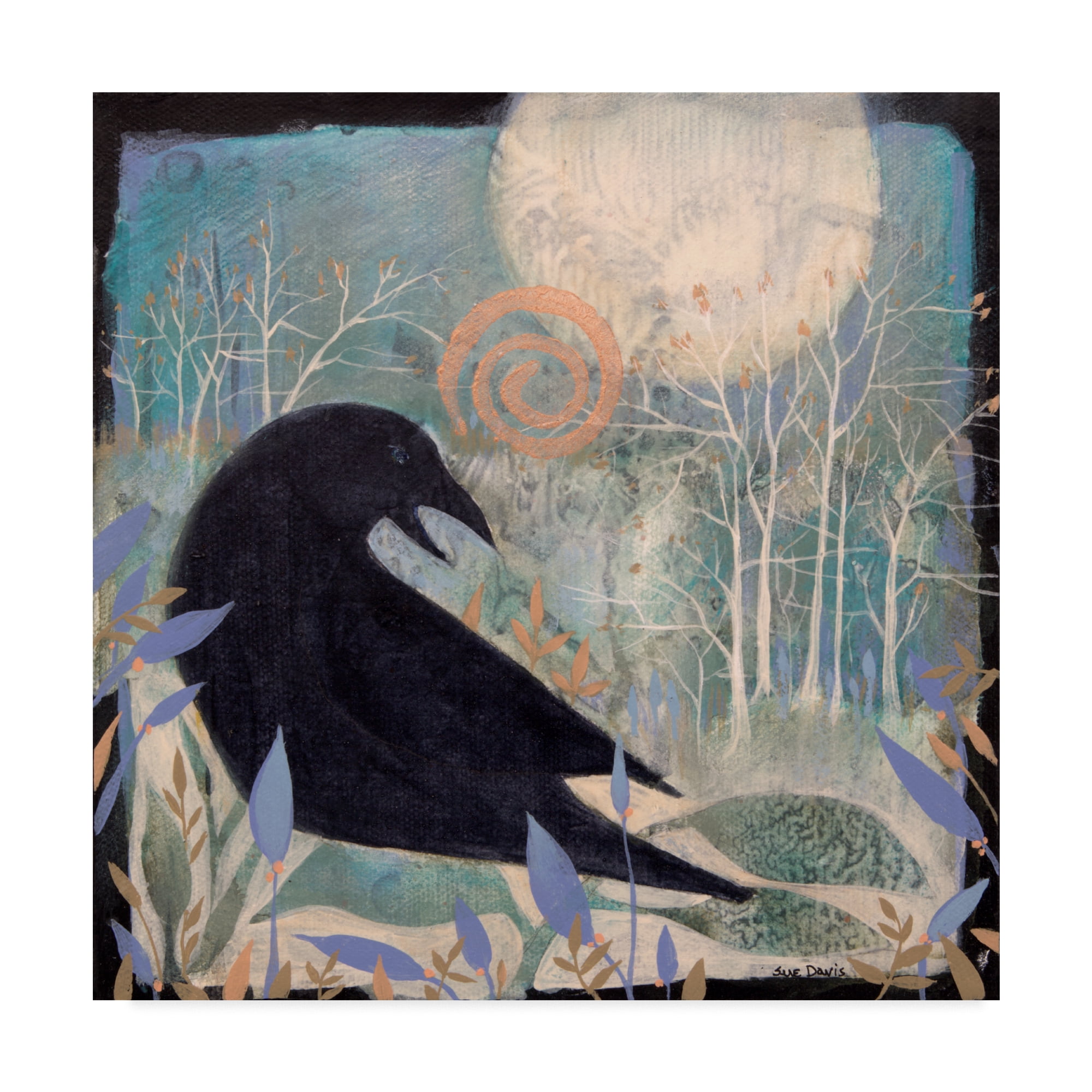 Eclectic Black Crow and Moon Abstract Canvas Art, 18x18