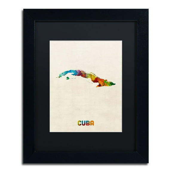 Trademark Fine Art "Cuba Watercolor Map" Canvas Art by Michael Tompsett Black Matte, Black Frame