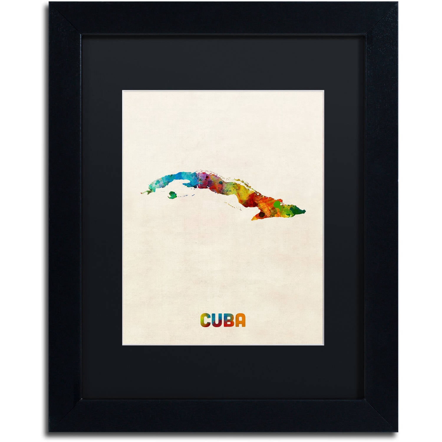 Trademark Fine Art "Cuba Watercolor Map" Canvas Art by Michael Tompsett Black Matte, Black Frame