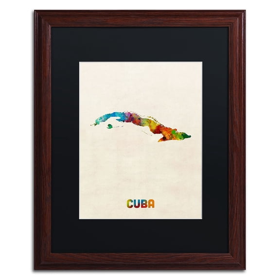 Trademark Fine Art "Cuba Watercolor Map" Canvas Art by Michael Tompsett Black Matte, Wood Frame