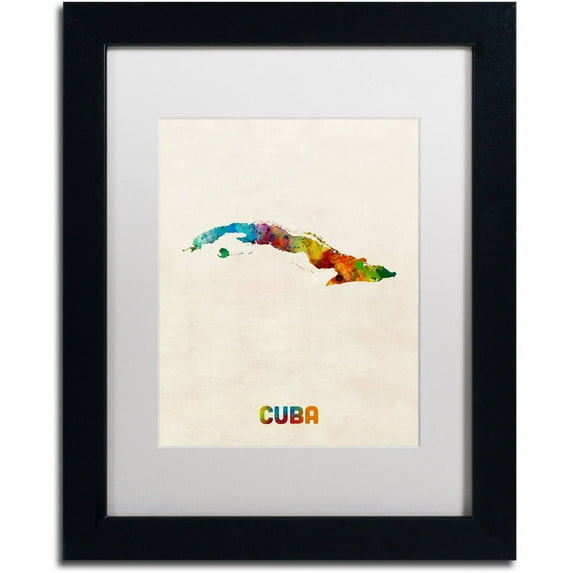 Trademark Fine Art "Cuba Watercolor Map" Canvas Art by Michael Tompsett White Matte, Black Frame