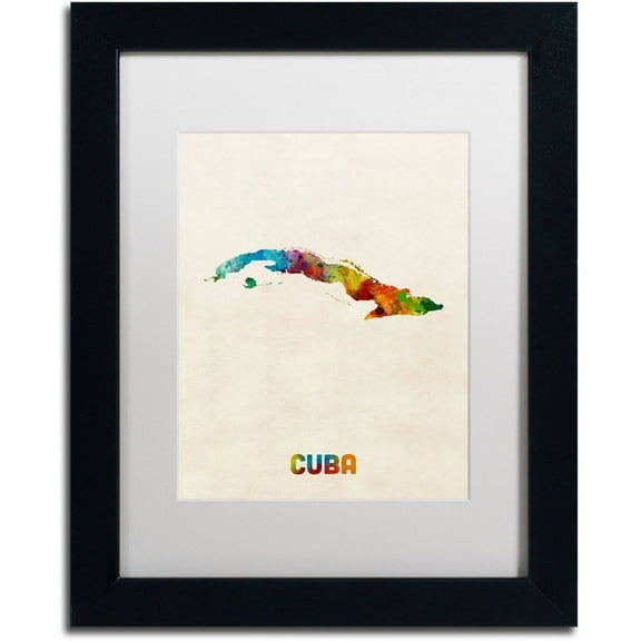 Trademark Fine Art "Cuba Watercolor Map" Canvas Art by Michael Tompsett White Matte, Black Frame