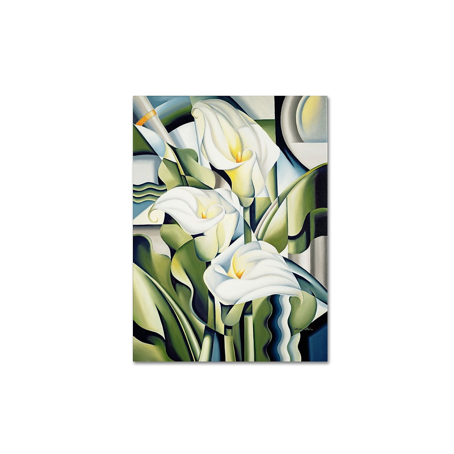 Cubist Lilies Abstract White Canvas Art with Wooden Frame