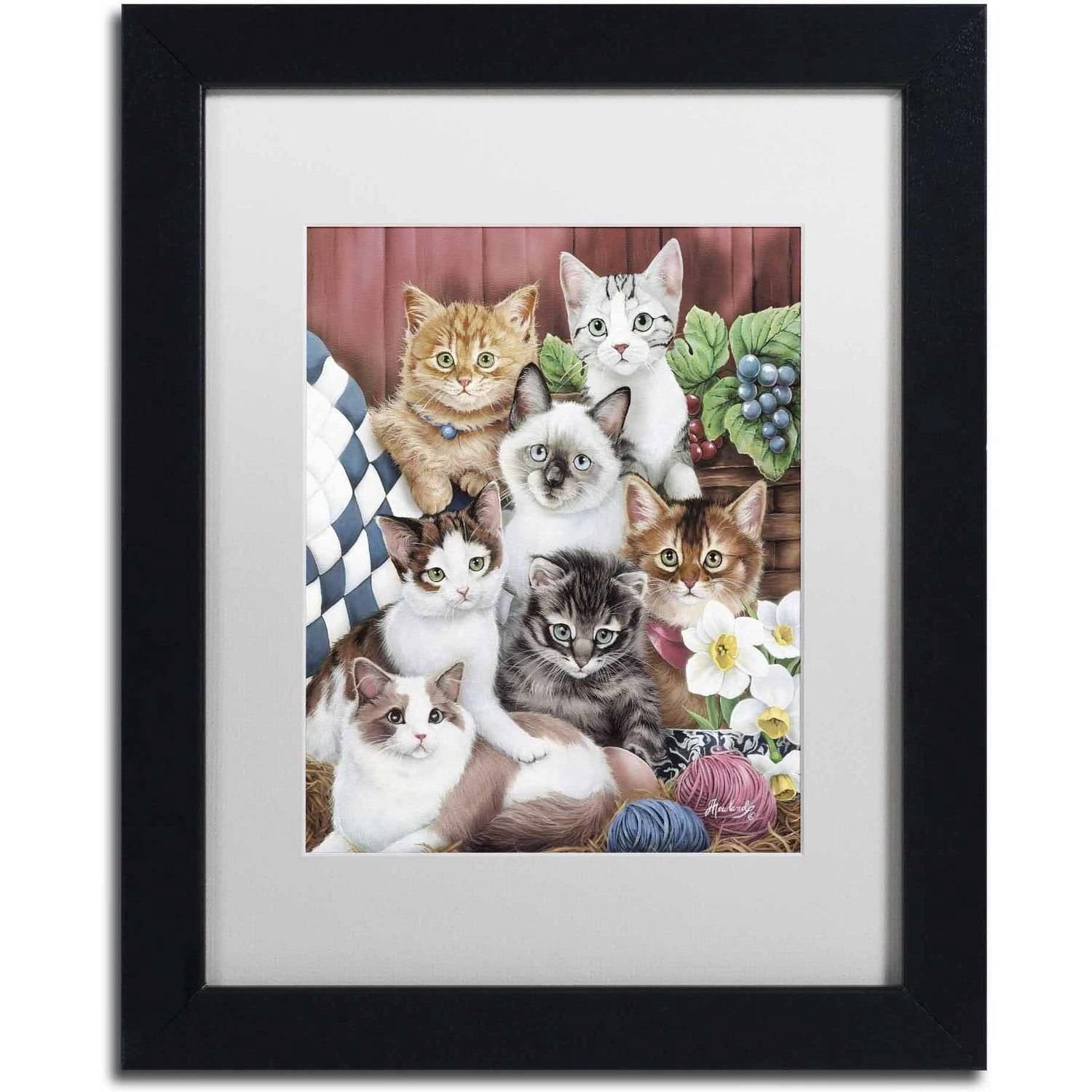 Trademark Fine Art 'Cuddly Kittens' Canvas Art by Jenny Newland, White Matte, Black Frame