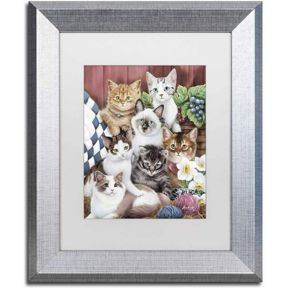 Trademark Fine Art 'Cuddly Kittens' Canvas Art by Jenny Newland, White Matte, Silver Frame