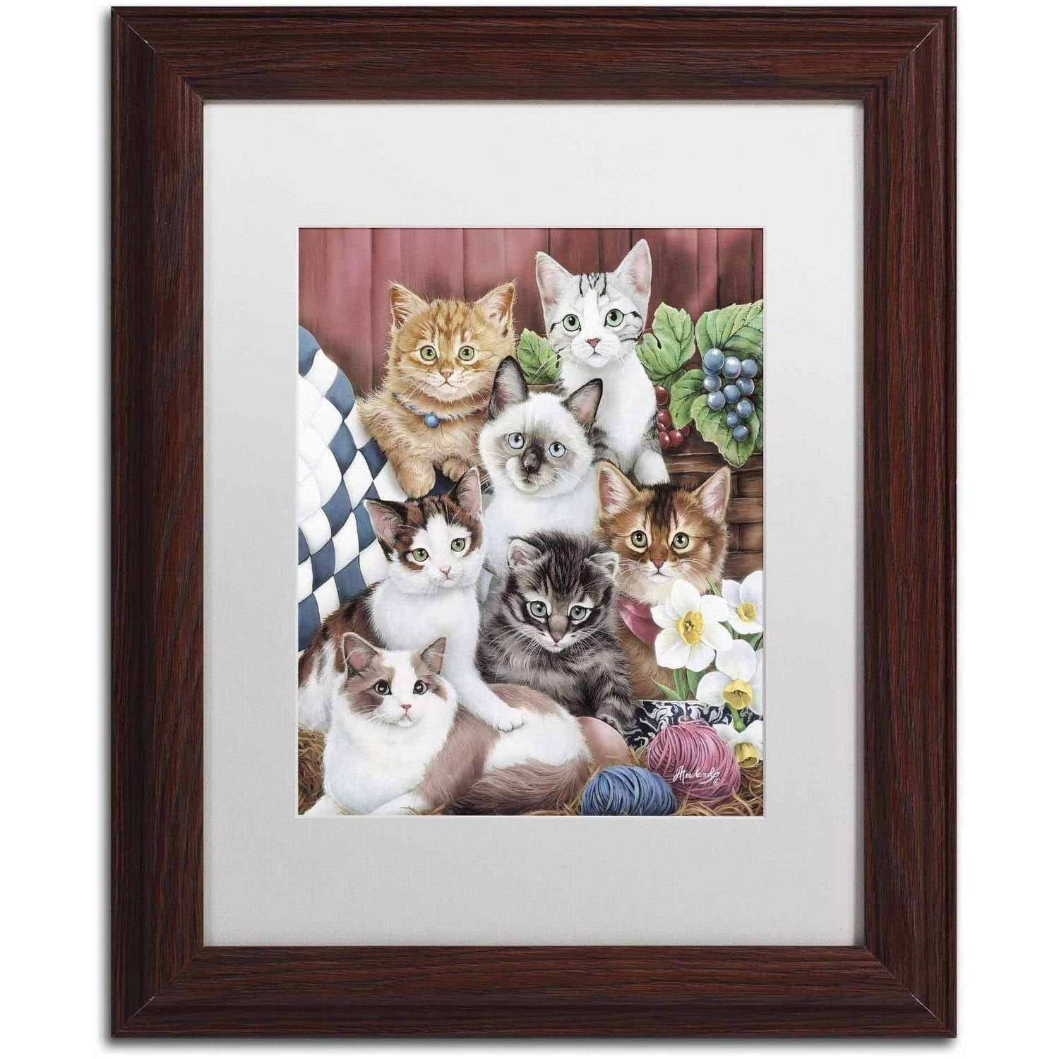 Trademark Fine Art 'Cuddly Kittens' Canvas Art by Jenny Newland, White Matte, Wood Frame