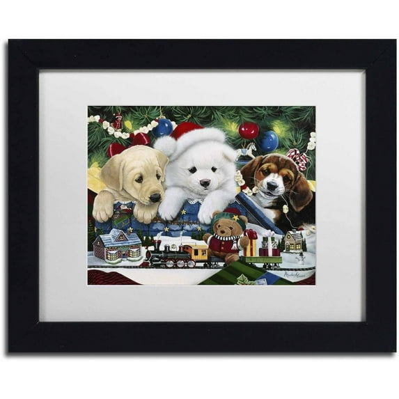 Trademark Fine Art 'Curious Christmas Pups' Canvas Art by Jenny Newland, White Matte, Black Frame