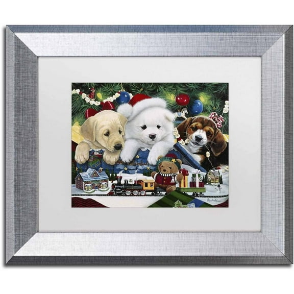 Trademark Fine Art 'Curious Christmas Pups' Canvas Art by Jenny Newland, White Matte, Silver Frame