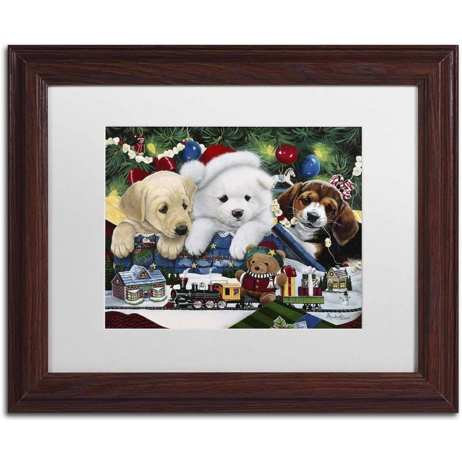 Trademark Fine Art 'Curious Christmas Pups' Canvas Art by Jenny Newland, White Matte, Wood Frame