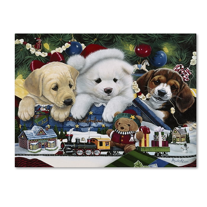 Trademark Fine Art 'Curious Christmas Pups' Canvas Art by Jenny Newland