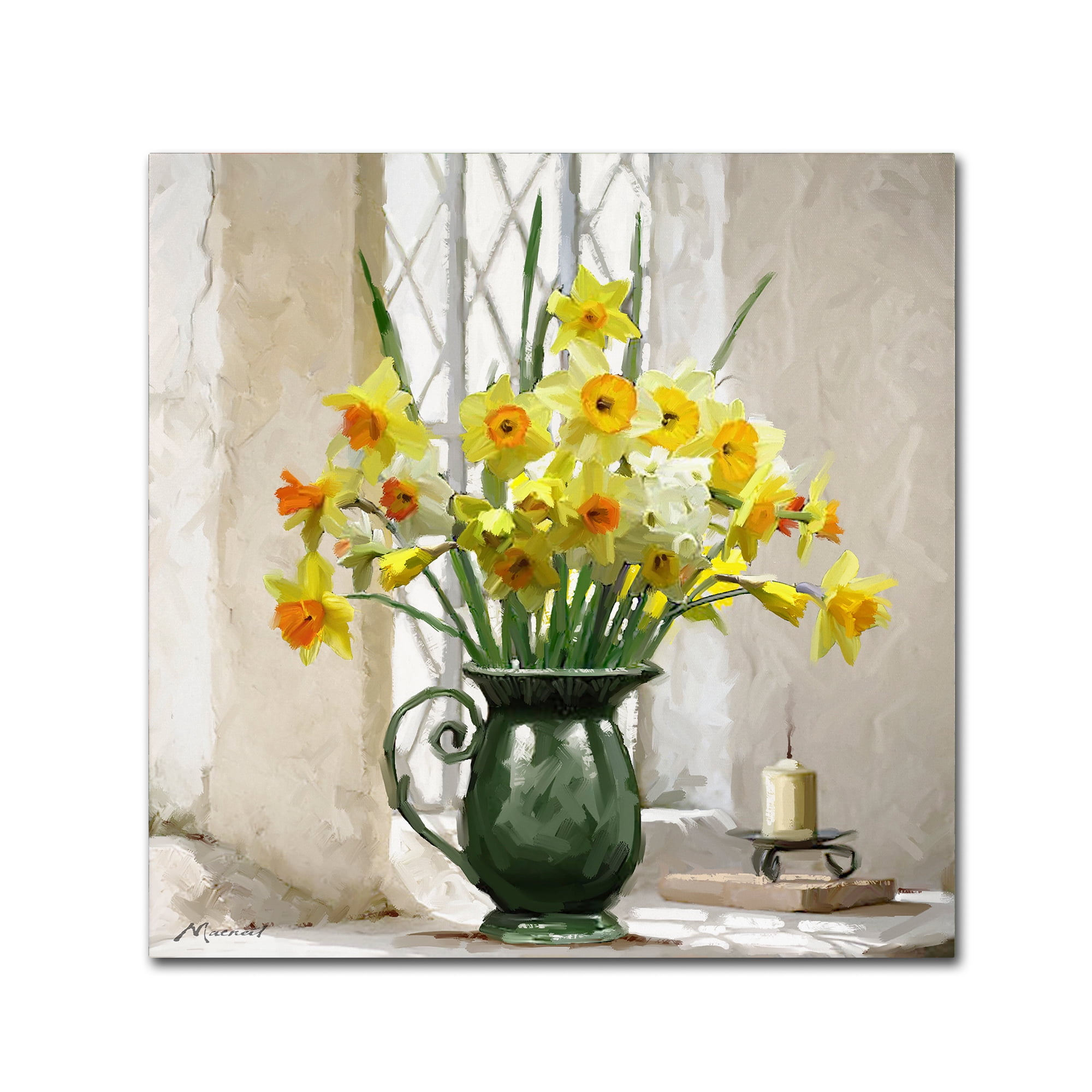 14" x 14" Yellow and Green Daffodils Canvas Painting
