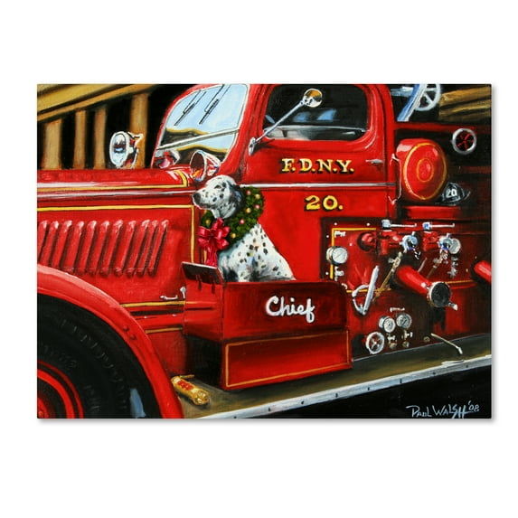 Trademark Fine Art 'Dalmatian Christmas Firetruck' Canvas Art by Paul Walsh