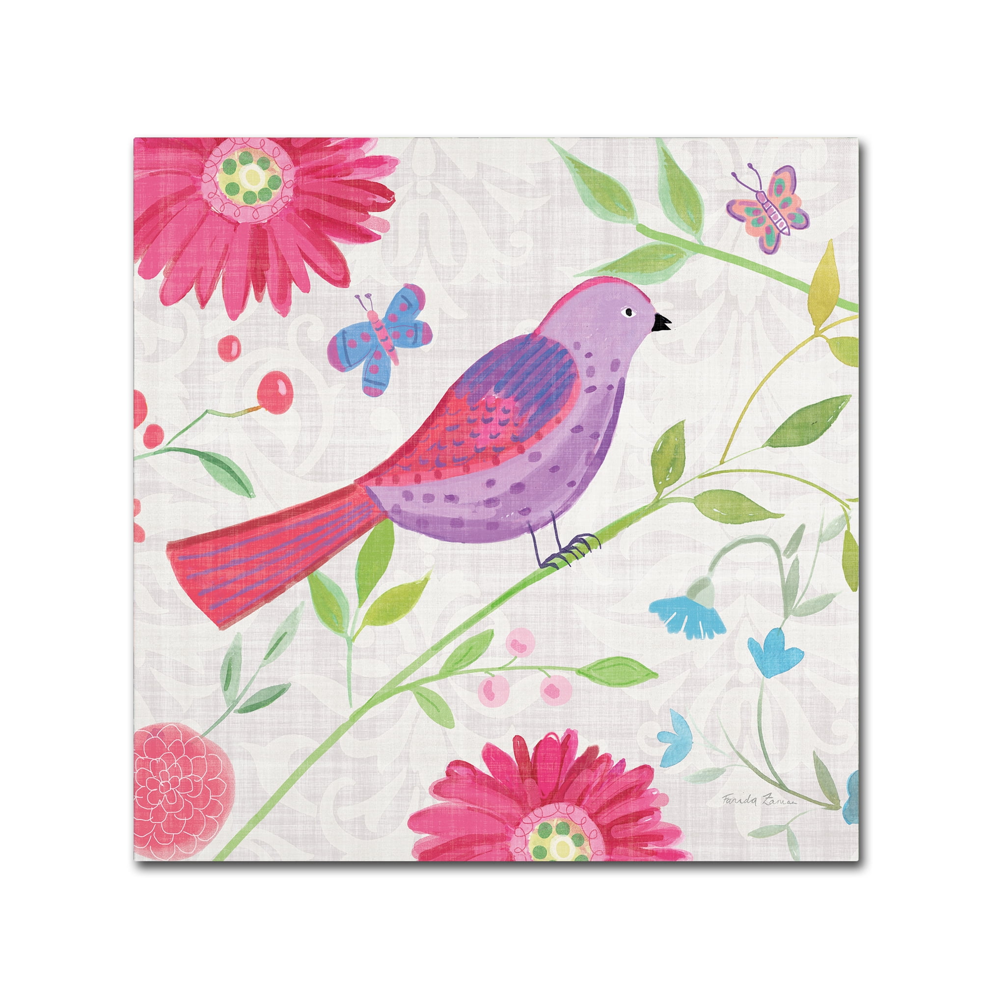 Pink and Purple Bird with Floral Canvas Art, 18" x 18"