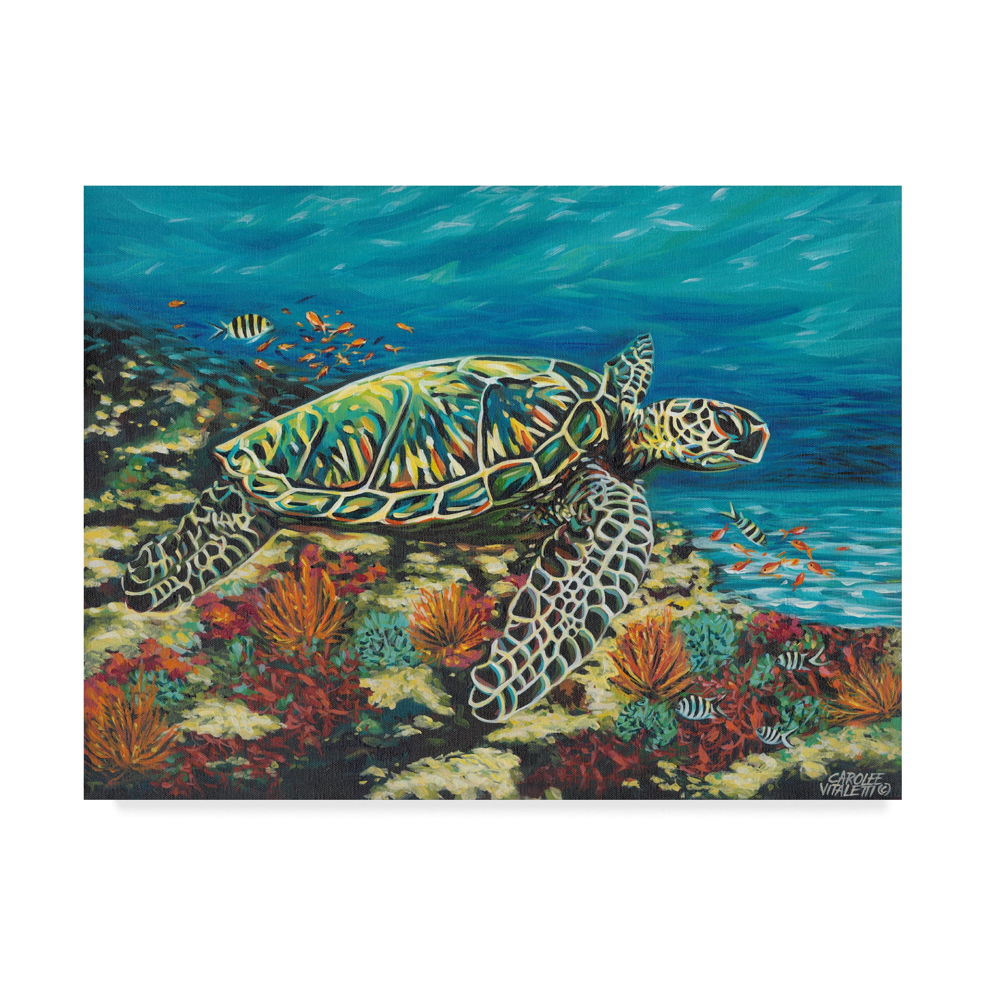 Large Sea Turtle Swimming Canvas Art in Blue and Green
