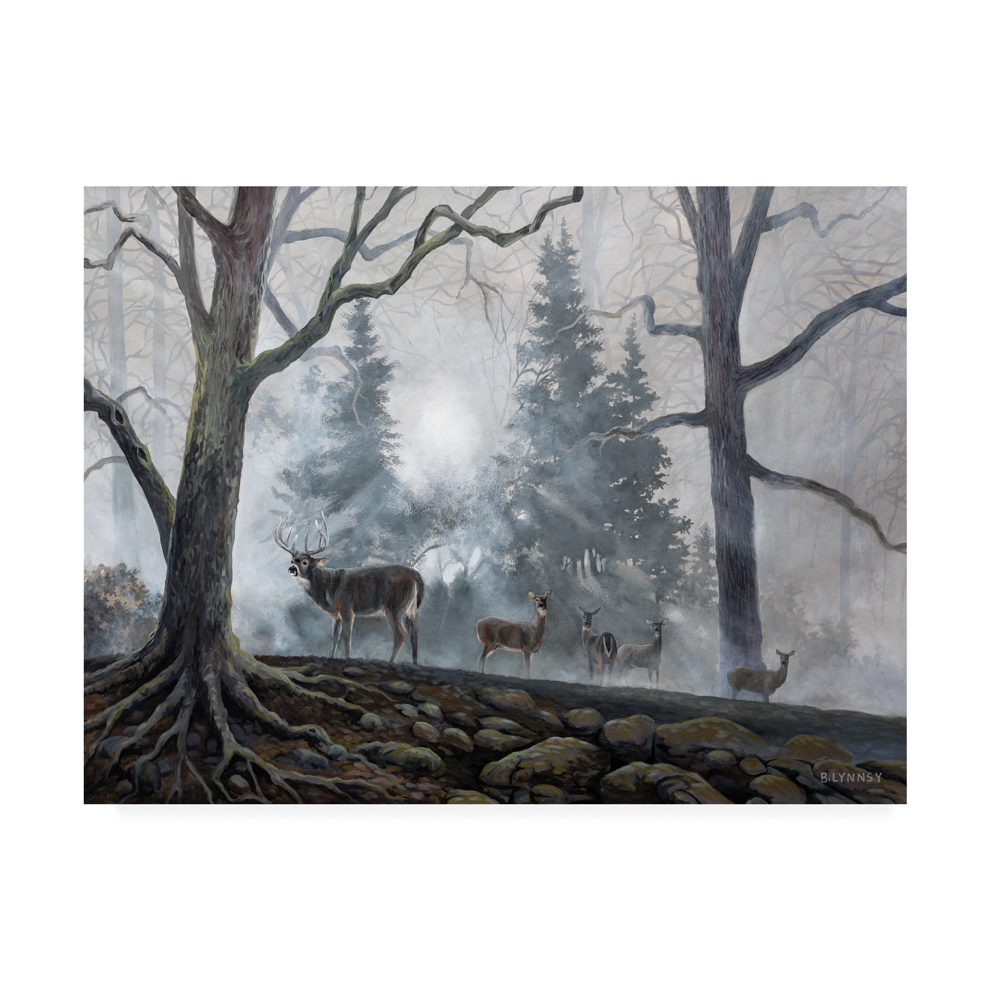 Rustic Foggy Forest Deer Canvas Art in Gray and White
