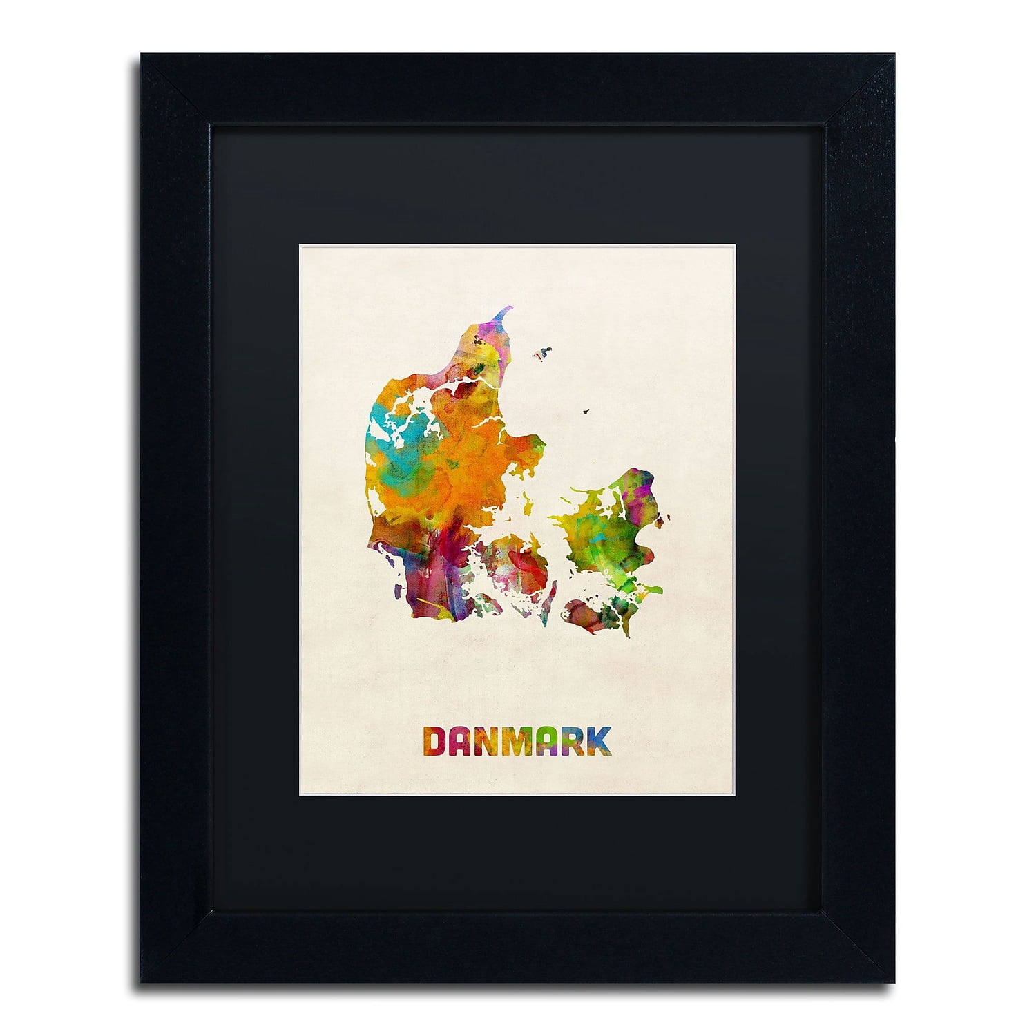 Trademark Fine Art "Denmark Watercolor Map" Canvas Art by Michael Tompsett, Black Matte, Black Frame