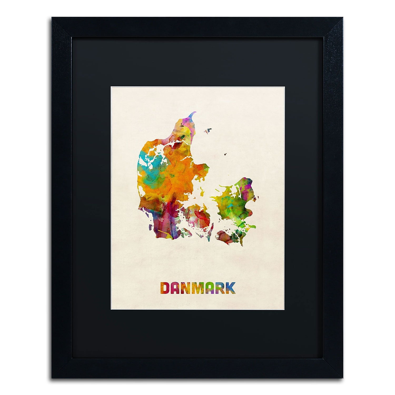 Trademark Fine Art "Denmark Watercolor Map" Canvas Art by Michael Tompsett, Black Matte, Black Frame