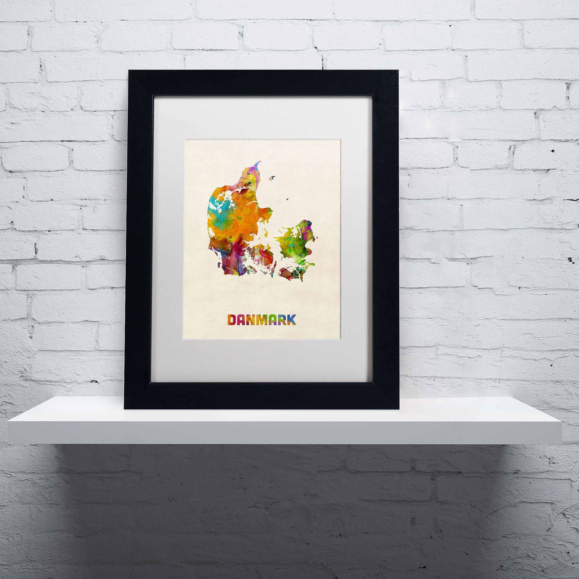 Trademark Fine Art "Denmark Watercolor Map" Canvas Art by Michael Tompsett, White Matte, Black Frame