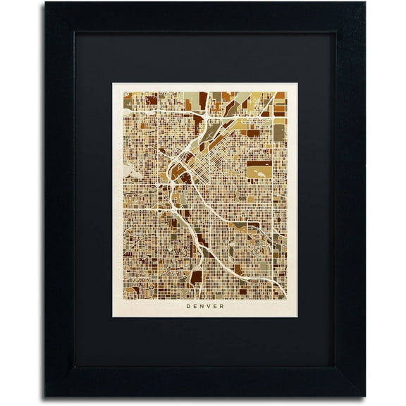 Trademark Fine Art "Denver CO Street Map Brown" Canvas Art by Michael Tompsett, Black Matte, Black Frame